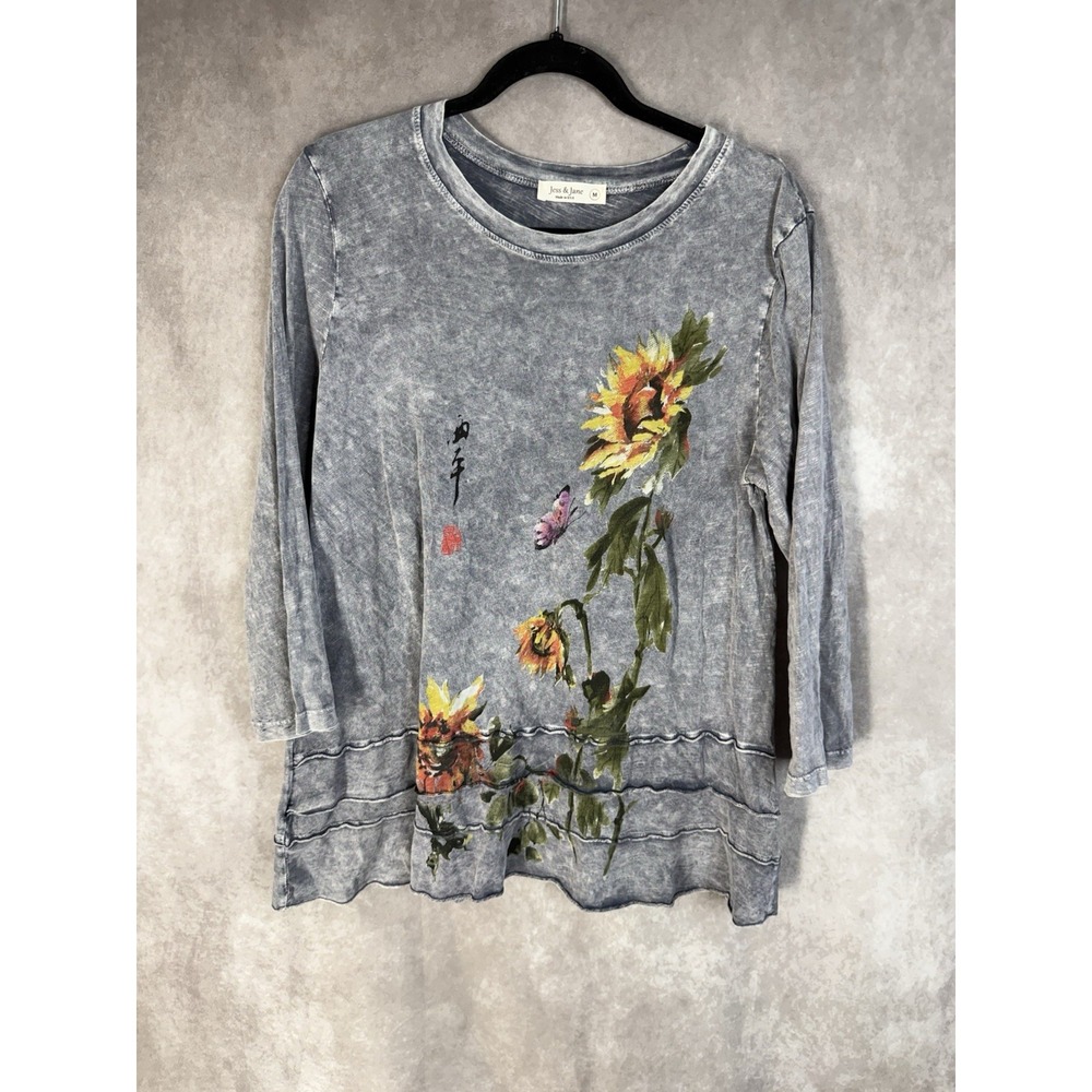 Jess & Jane Mineral Wash Floral Artsy Lagenlook Boho Tunic 3/4 Sleeve Gray Sz M
